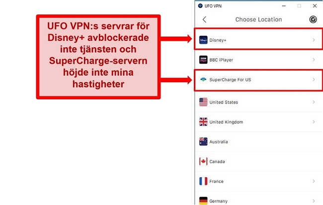 Skärmdump av UFO VPN: s serverlista