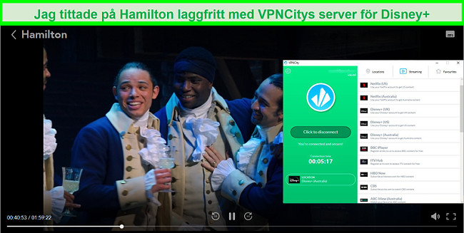 Skärmdump av Hamilton som spelar på Disney + när den är ansluten till VPNCitys DIsney Plus Australia-streamingserver