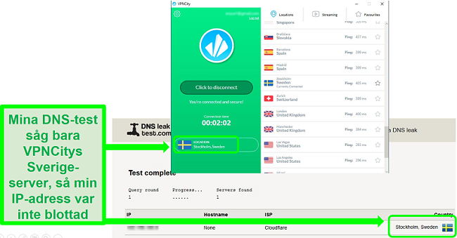 Skärmdump av VPNCity ansluten till en Sverige-server och klarat ett DNS-läckagetest
