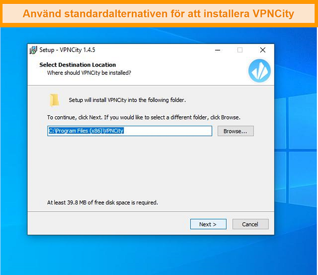 Skärmdump från VPNCitys installationsskärmar
