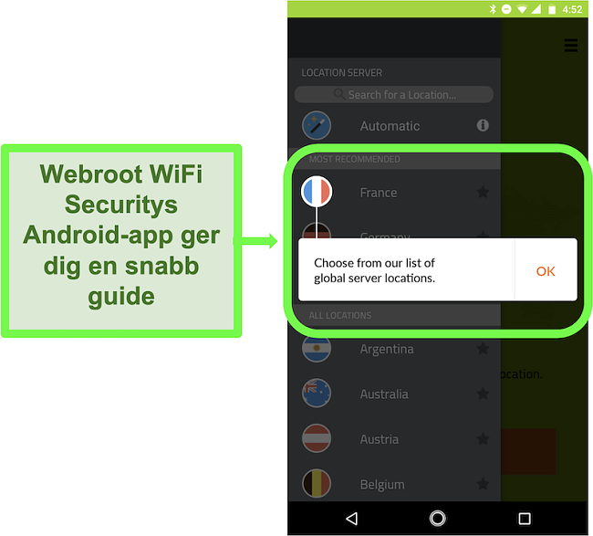 Skärmdump av Webroot WiFi Securitys Android-app som ger en användarhandledning