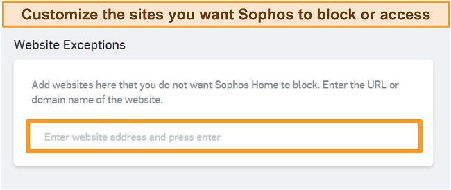Screenshot of Sophos antivirus and its Website Exceptions on the Dashboard