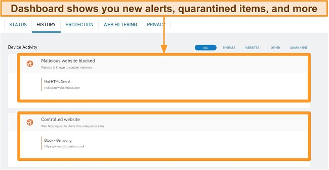 Screenshot of Sophos antivirus and its Alert Log on the app's dashboard