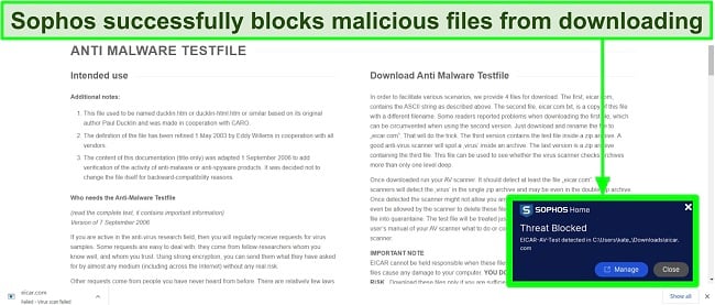 Screenshot of website known to have malicious downloads and Sophos working to block infected files.