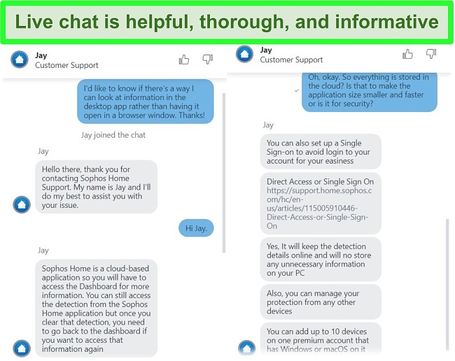 Screenshot of Sophos live chat answering questions.