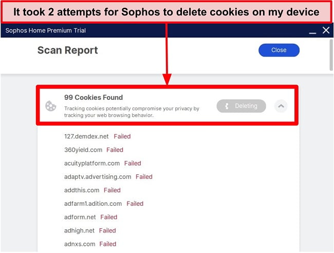 Screenshot of Sophos after running a scan and failing to delete multiple cookies.