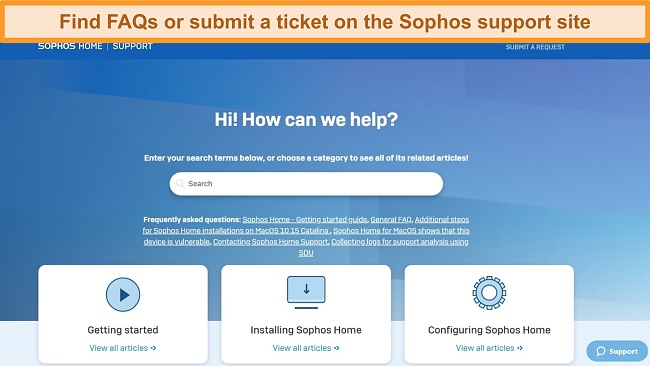 Screenshot of the Sophos support site.