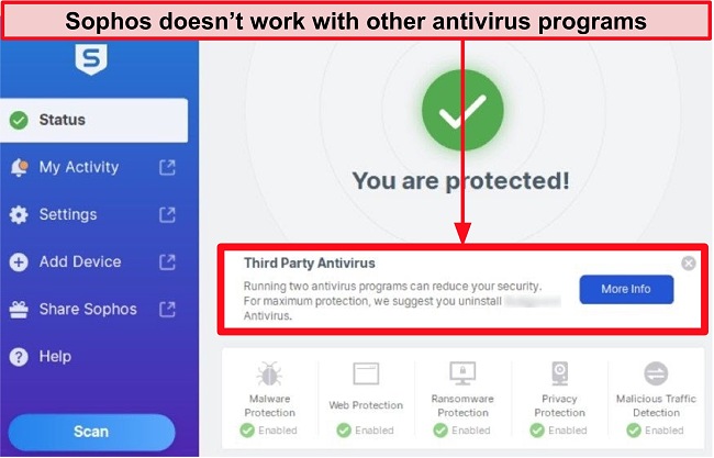 Screenshot of Sophos desktop app with Third Party Antivirus notice highlighted