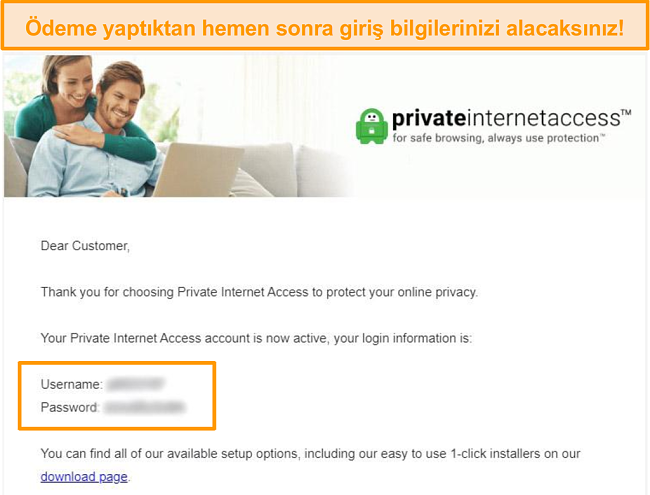 Giriş bilgilerini içeren PIA kayıt onay e-postasının ekran görüntüsü