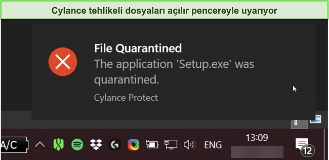 Cylance'ın kötü amaçlı yazılım algılama uyarısının ekran görüntüsü.