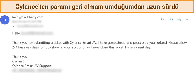 Geri ödeme talebine Cylance'ın e-posta yanıtının ekran görüntüsü.