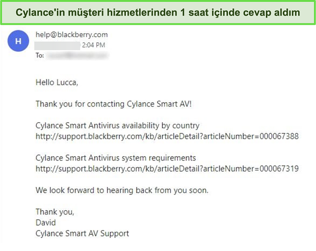 Cylance'den bir müşteri desteği e-postasının ekran görüntüsü.
