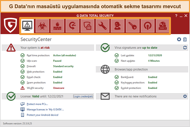 G Data masaüstü uygulamasının ekran görüntüsü