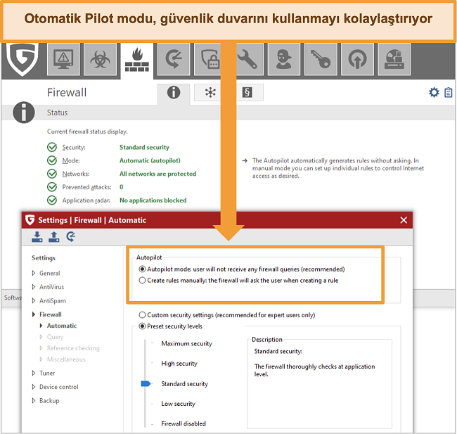 G Data güvenlik duvarı ayarlarının ekran görüntüsü