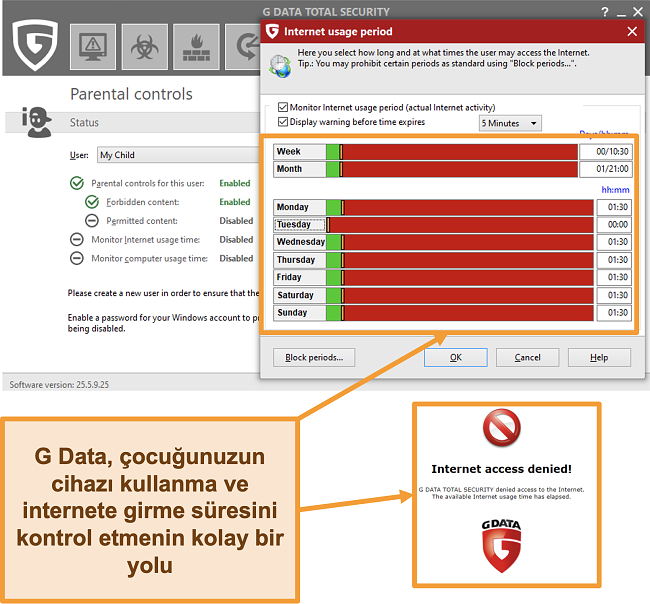 G Data ebeveyn denetimi ayarlarının ekran görüntüsü