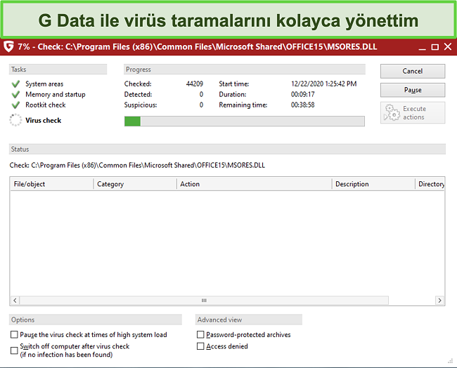 Devam eden G Data virüs taramasının ekran görüntüsü