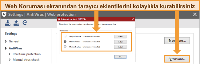 G Data tarayıcı uzantısı ayarlarının ekran görüntüsü