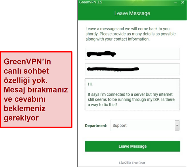 GreenVPN destek ekranının ekran görüntüsü