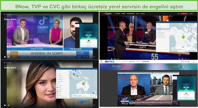 NordVPN ve Surfshark'ın ekran görüntüsü 9Now, TVP ve CBC dahil olmak üzere çeşitli yerel TV istasyonlarının engelini kaldırıyor.