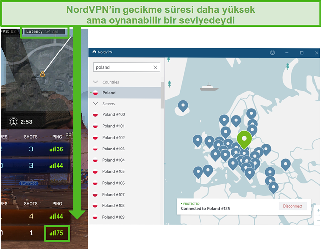 NordVPN bağlı olarak oyun oynarken Call of Duty: Warzone ve Rocket League gecikme sonuçlarının ekran görüntüsü.