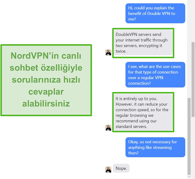 NordVPN canlı sohbet yardımının ekran görüntüsü.