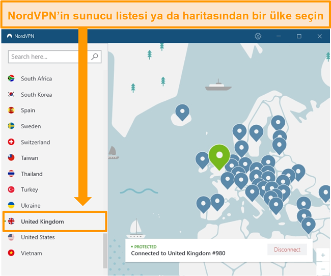 İngiltere sunucusuna bağlı NordVPN'in ekran görüntüsü.