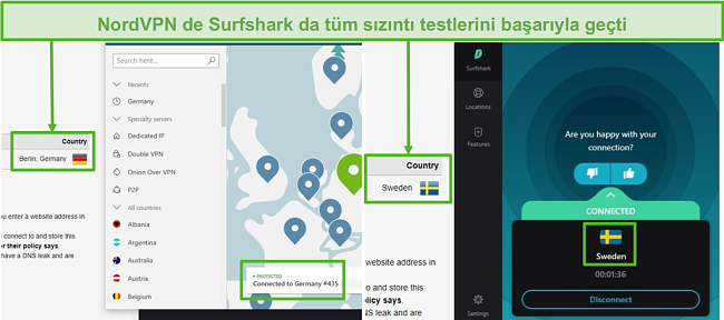 NordVPN'in bir Alman sunucusuna bağlı bir sızıntı testini geçtiğini ve Surfshark'ın bir İsveç sunucusuna bağlı bir sızıntı testini geçtiğini gösteren ekran görüntüsü.