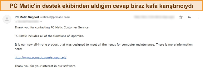 PC Matic e-posta desteği yanıtının ekran görüntüsü.