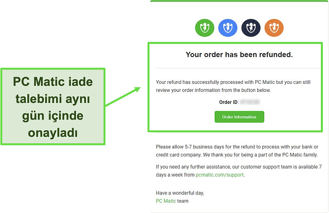 PC Matic geri ödeme onay e-postasının ekran görüntüsü.