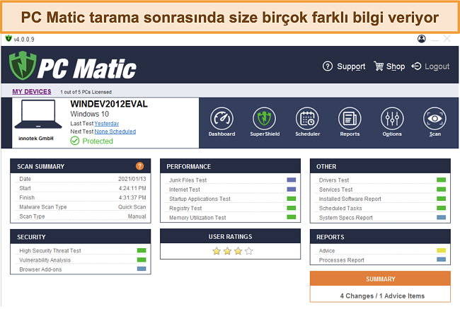 PC Matic'in tarama sonrası genel bakışının ekran görüntüsü.