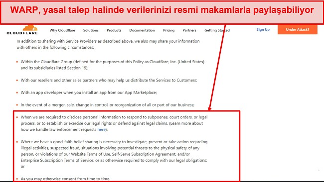 Cloudflare Gizlilik Politikasının ekran görüntüsü