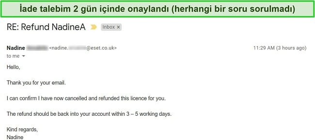 ESET desteğinden alınan geri ödeme onayı e-postasının ekran görüntüsü