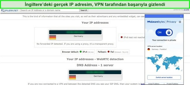 Malwarebytes Privacy VPN için IP ve DNS sızıntı testinin ekran görüntüsü