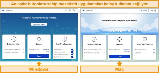 Malwarebytes pencerelerinin ve mac masaüstü uygulamalarının ekran görüntüsü