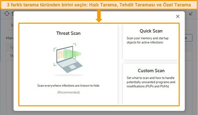 Malwarebytes virüs tarama seçeneklerinin ekran görüntüsü.