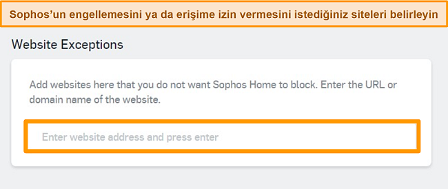 Sophos antivirüs ve Web Sitesi İstisnalarının Ekran Görüntüsü Panodaki