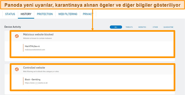 Sophos antivirüs ekran görüntüsü ve uygulamanın kontrol panelindeki Uyarı Günlüğü