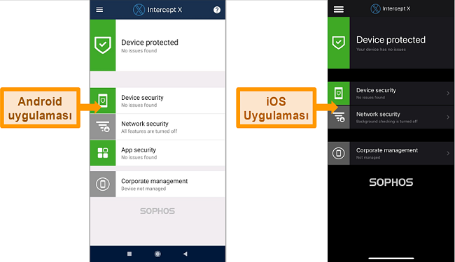 Sophos'un Android ve iOS arayüzleri arasındaki farkı gösteren ekran görüntüleri.