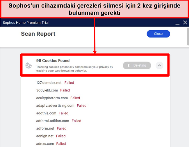 Bir tarama çalıştırdıktan ve birden fazla çerezi silemedikten sonra Sophos ekran görüntüsü.