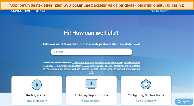 Sophos destek sitesinin ekran görüntüsü.