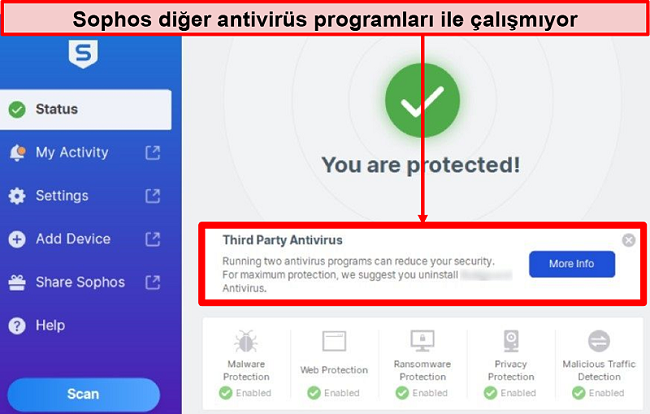 Üçüncü Taraf Antivirüs bildirimi vurgulanmış olarak Sophos masaüstü uygulamasının ekran görüntüsü