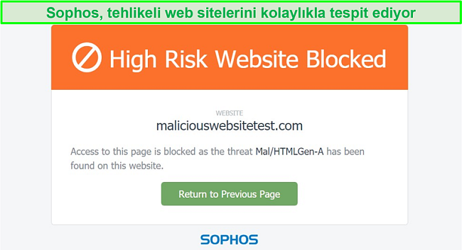 Sophos'un kötü amaçlı yazılım barındıran bir siteyi engellediği ekran görüntüsü.