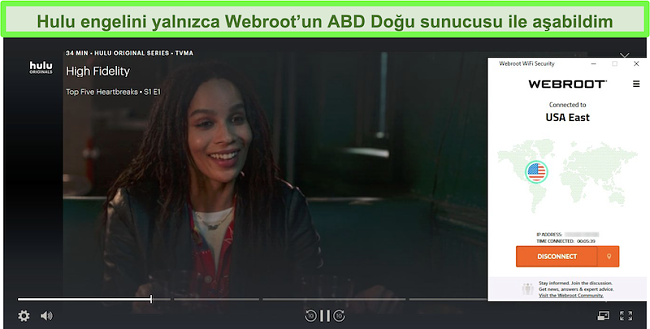 Hulu, Webroot'un USA East sunucusuna bağlıyken High Fidelity yayını yapıyor