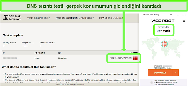 Webroot WiFi Security Danimarka'daki bir sunucuya bağlıyken başarılı bir DNS sızıntı testinin ekran görüntüsü