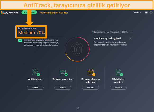 Web tarayıcısı için AVG AntiTrack gizlilik puanının ekran görüntüsü