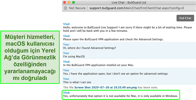 BullGuard VPN'in LAN'da Görünmezliği onaylayan müşteri hizmetlerinin ekran görüntüsü yalnızca Windows'ta mevcuttur