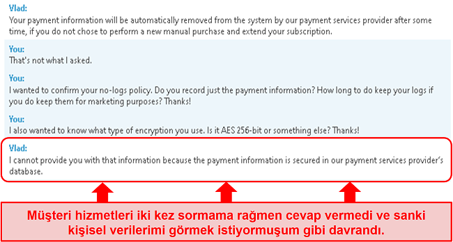 BullGuard'ın desteğinin ekran görüntüsü ödeme bilgileriyle ilgili sorumu cevaplamıyor ve ardından bana yanlış cevap veriyor