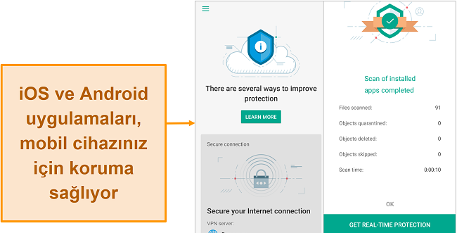 Android sürümü ile karşılaştırıldığında iOS'ta Kaspersky Security Cloud'un ekran görüntüsü