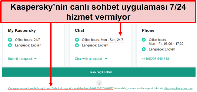 Kaspersky'nin ofis saatlerini gösteren canlı sohbet desteğinin ekran görüntüsü