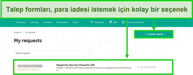 Kaspersky web sitesindeki Kaspersky destek taleplerinin ekran görüntüsü.